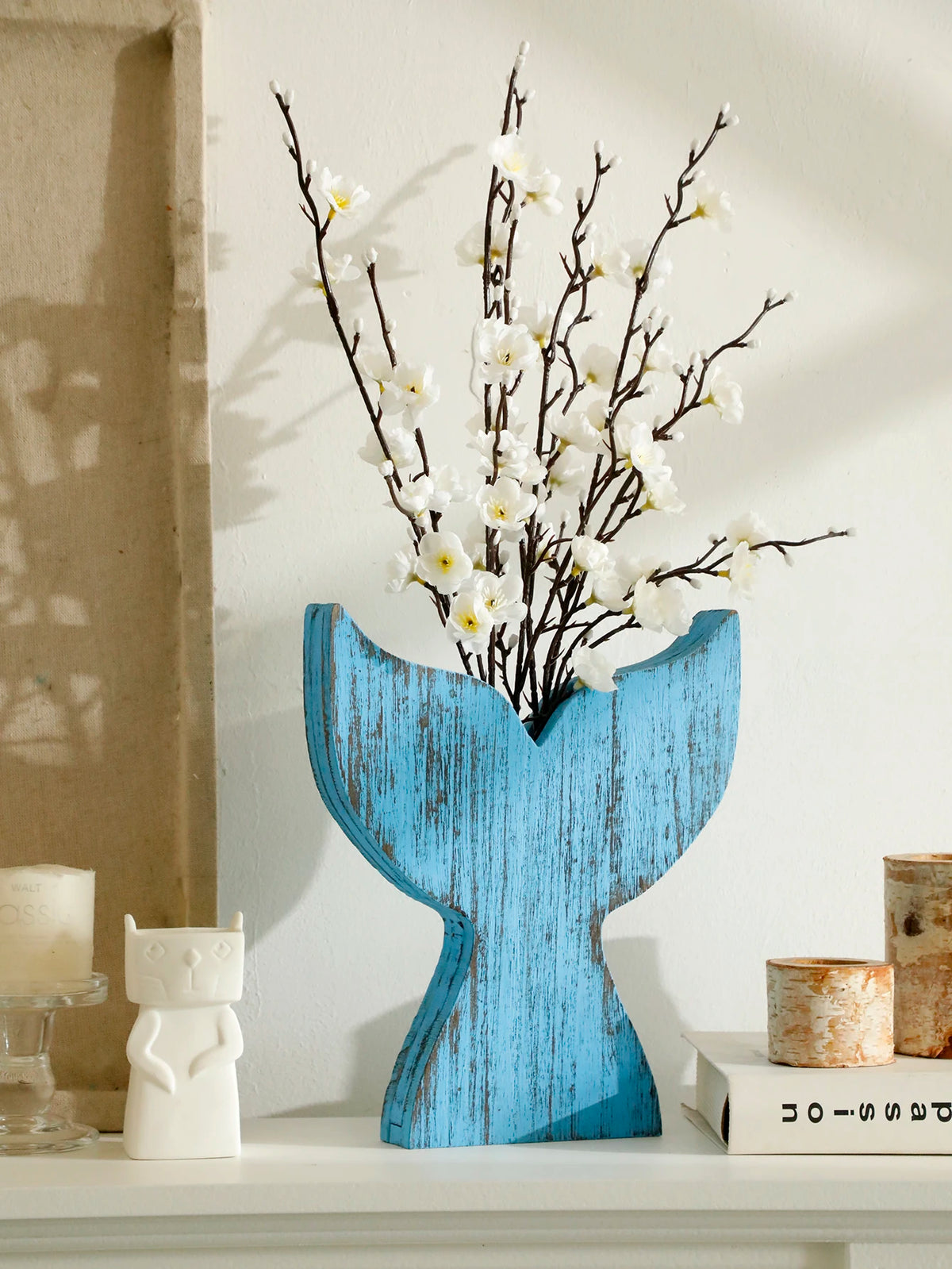 Nautical wooden vase whale tail coastal boho dried flower