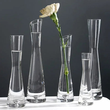 Three-piece style B slanted glass vase set on wooden floating shelf