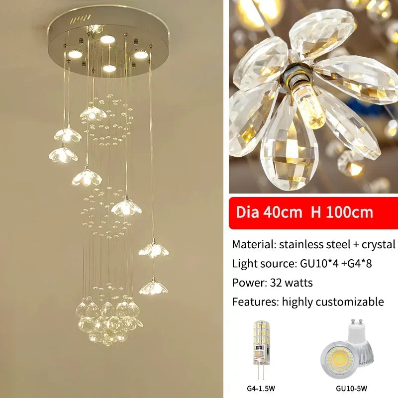 Crystal flower chandelier lit in white light with GU10 LED spotlights