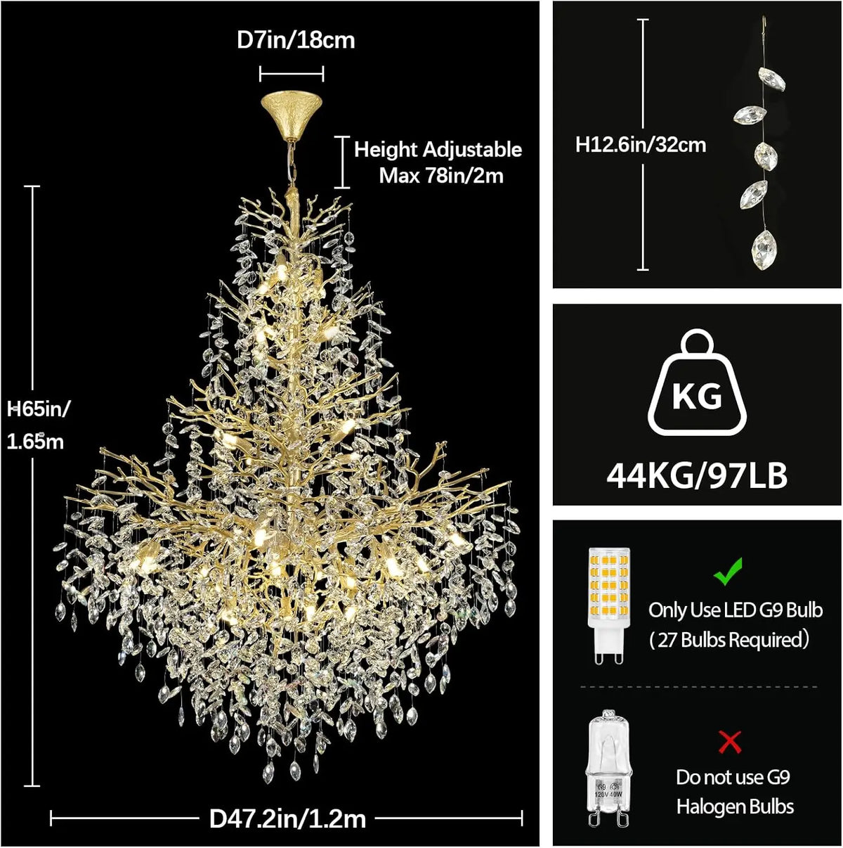 Tall crystal chandelier measuring 39.4 in (100 cm) by 61.0 in (155 cm)