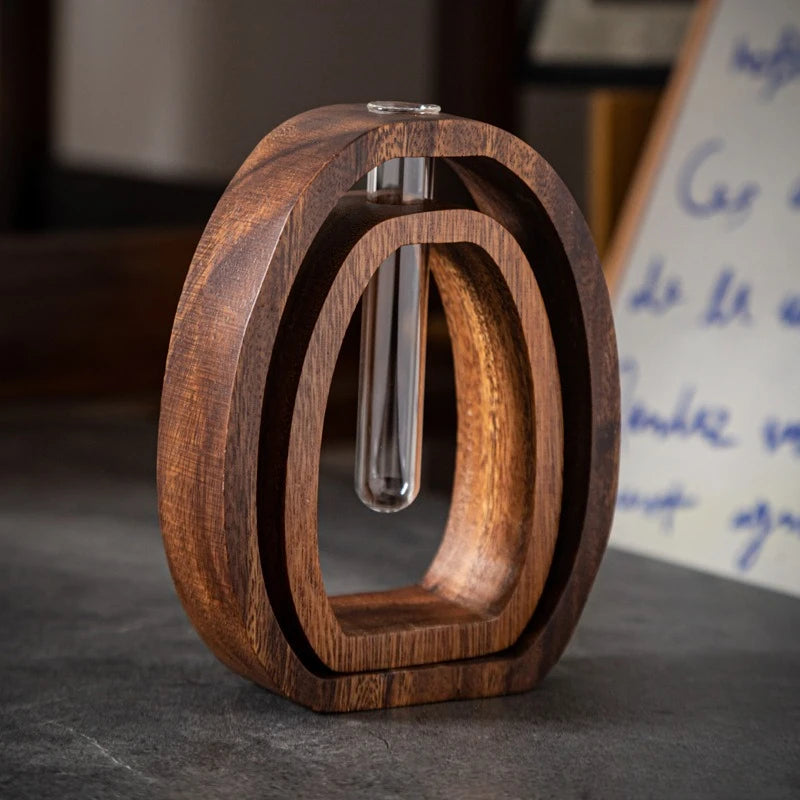 Walnut wood glass terrarium hydroponic vase set with wood base