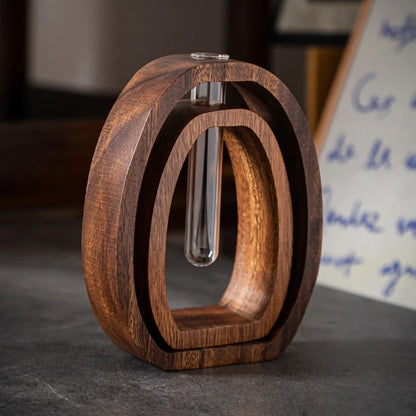 Walnut wood glass terrarium hydroponic vase set with wood base