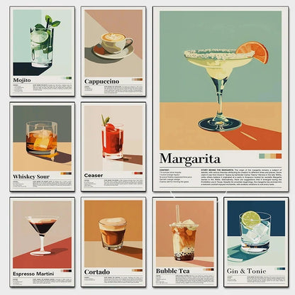 Retro Cafe Cocktail Cappuccino Canvas Wall Art