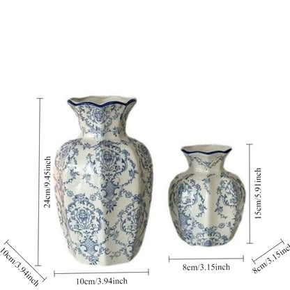 Ivory hand-painted porcelain vase styled with fresh peonies on shelf