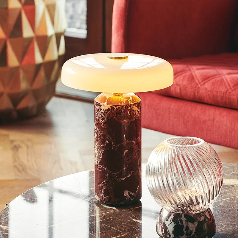 Touch marble table lamp red variant USB charging front view warm glow