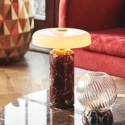 Touch marble table lamp red variant USB charging front view warm glow