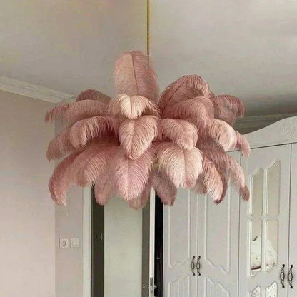 Pink feather chandelier at 31.5 in across in warm 3000K light
