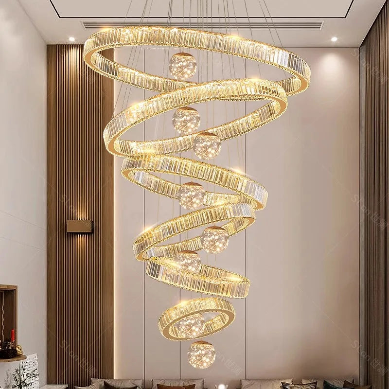 Concentric crystal ring chandelier in black, lit in warm white