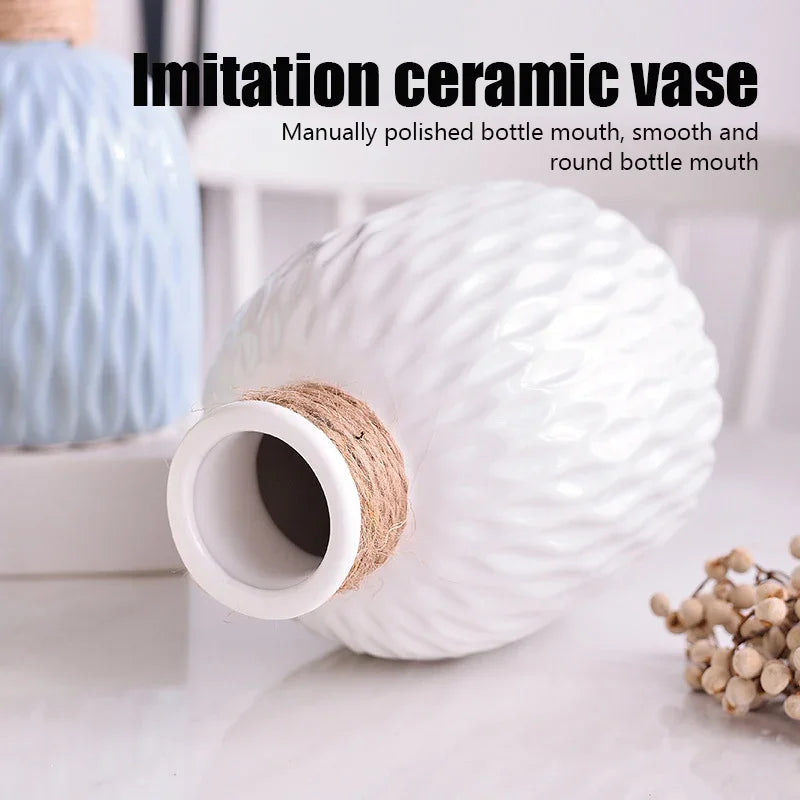 White ripple plastic vase with twine wrapping for Scandinavian home decor
