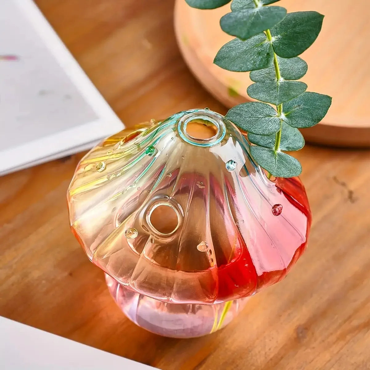 Vibrant boho glass mushroom vase as eclectic dining table accent