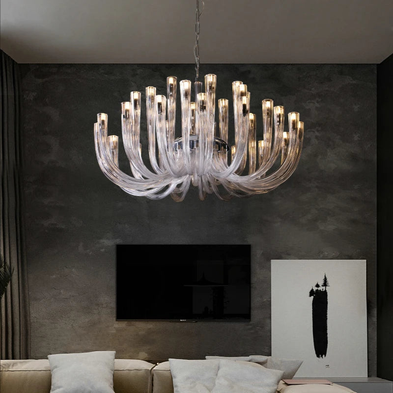 U shaped glass chandelier at 35.4 in diameter with 32 glass heads