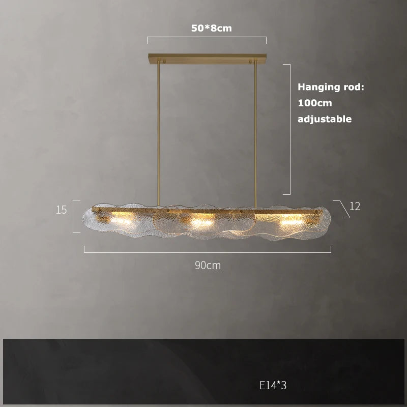 Water ripple glass chandelier lit in white light on steel frame
