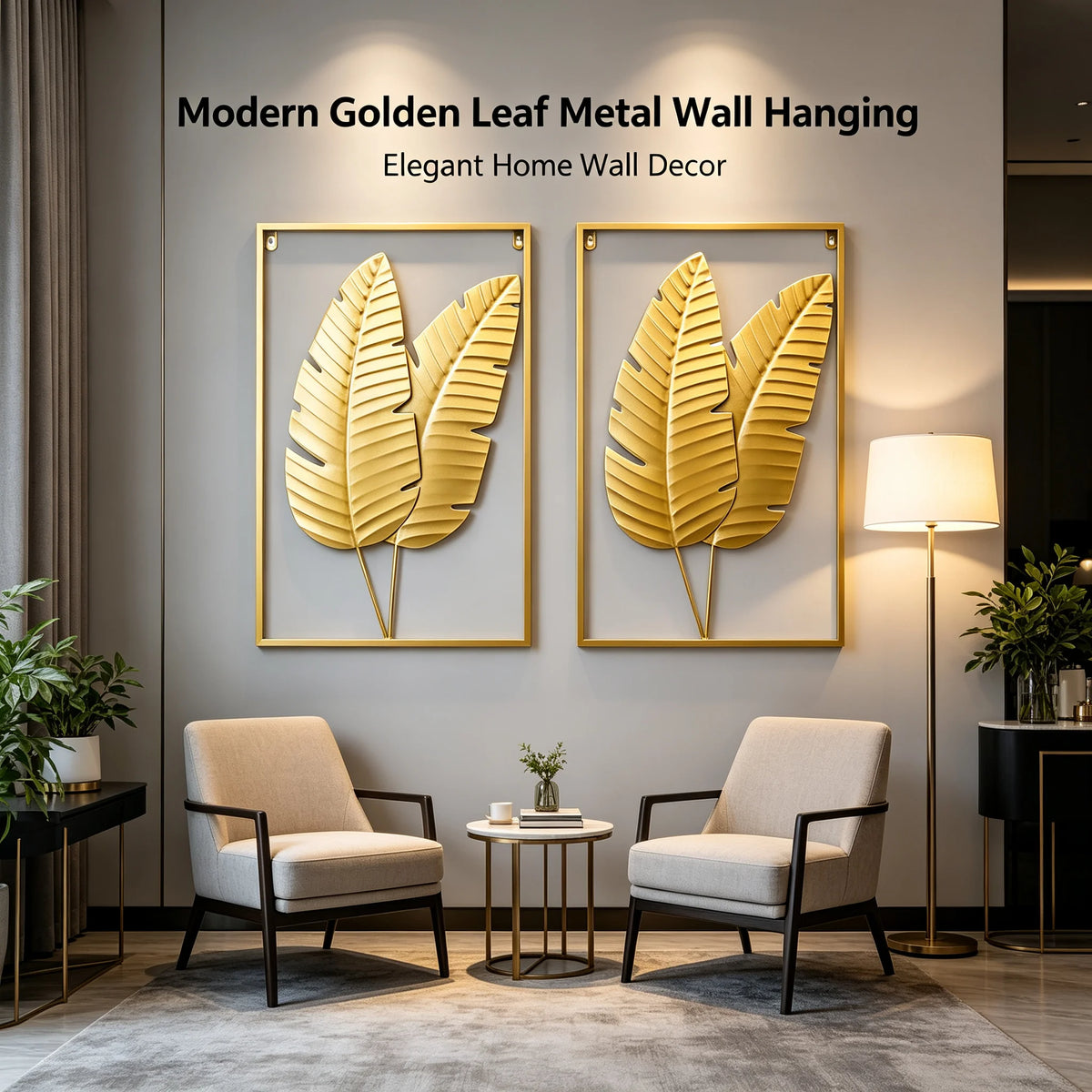 Gold metal botanical leaf wall decor sculpture — canvas print surface detail