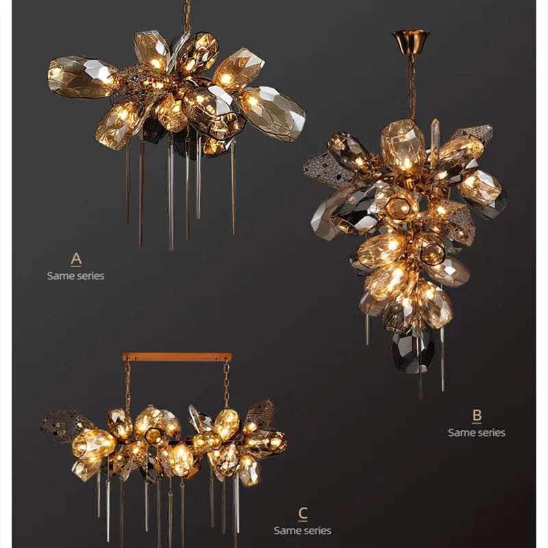 Tall glass chandelier, 31.5 by 53.1 inches, for a duplex stair void