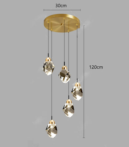 Cold white light through the crystal heads of a ring chandelier