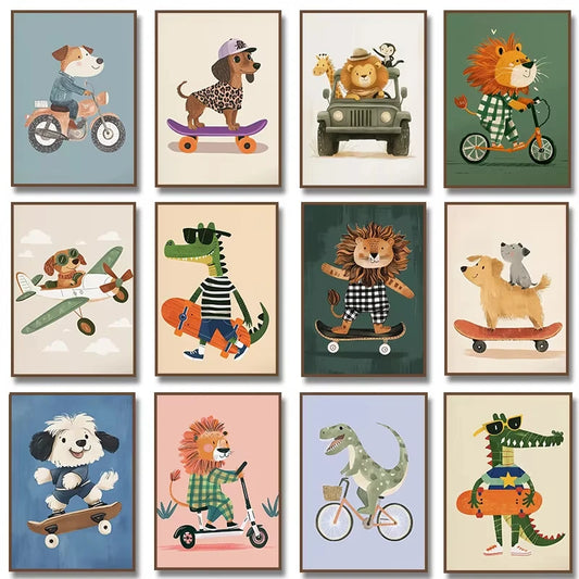 Cute Skateboard Animals Kids Canvas Wall Art Print