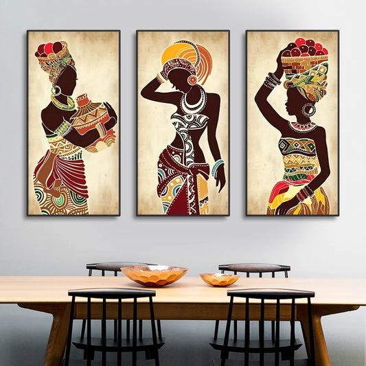 African Woman Ethnic 3-Piece Canvas Wall Art Set