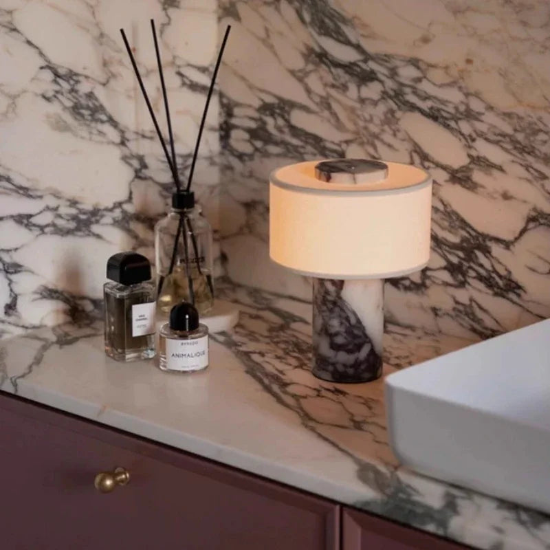 Bvlgari marble rechargeable table lamp warm light close-up view