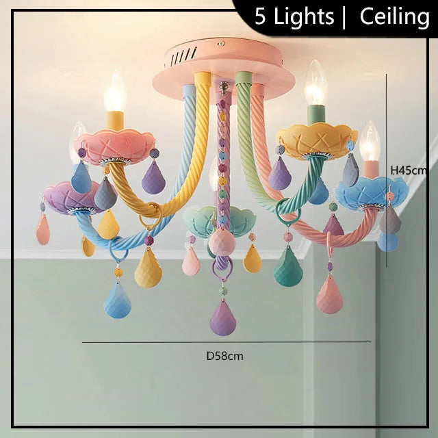 Macaron colorful chandelier lit in cold light with upward glow