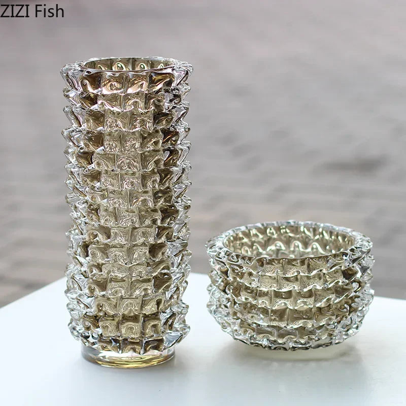 Multiple wrinkle glass vase variants styled on white shelf