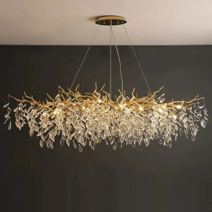 Linear crystal chandelier measuring 180 centimetres long in gold