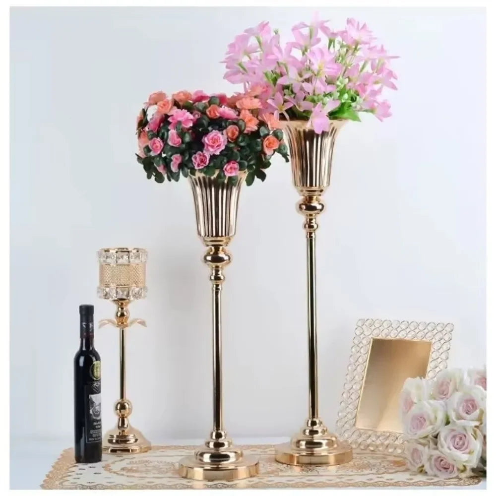 Silver medium metal flower stand vase holding fresh white orchid stem arrangement