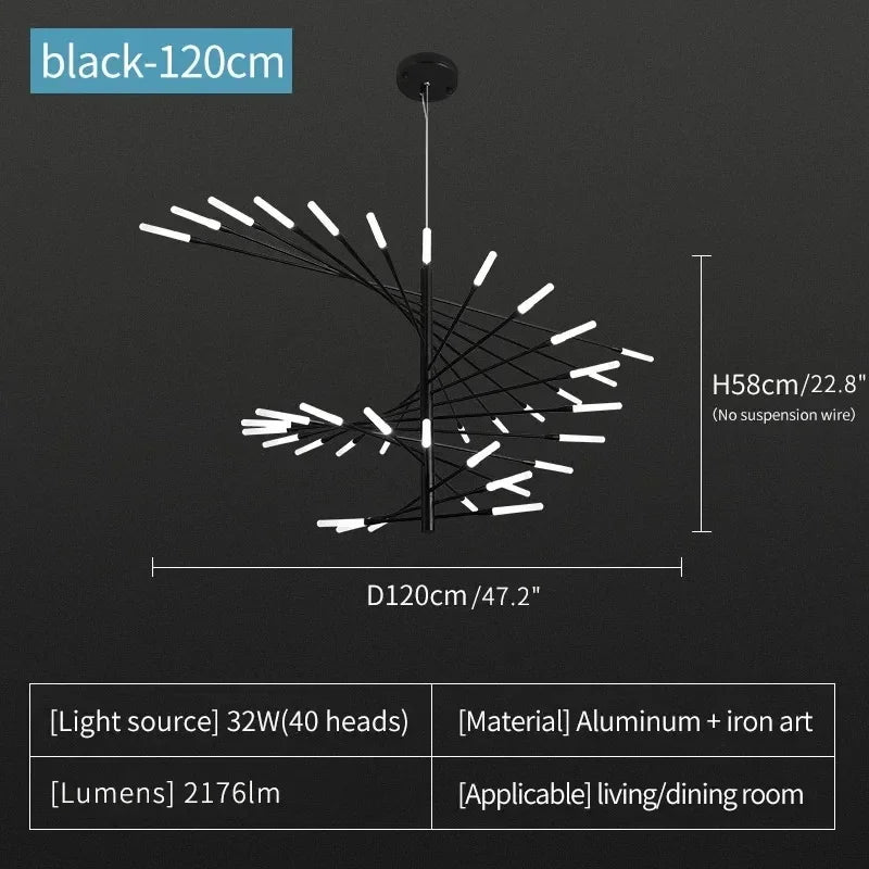 Black firework chandelier with 30 lights on slim metal burst arms