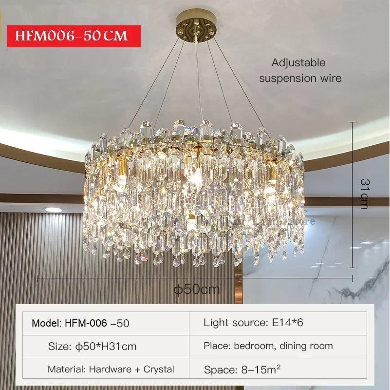 Elegant crystal oval chandelier in gold for a villa hallway or restaurant