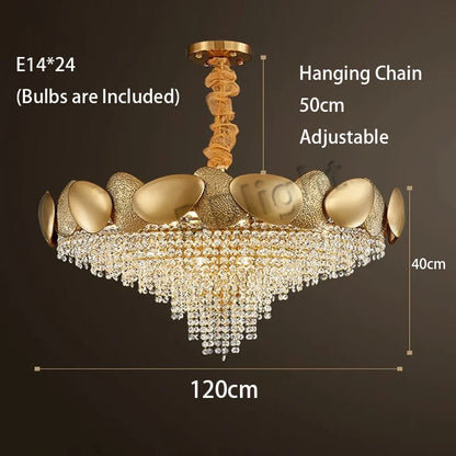 Crystal tassel strands on a gold plated stainless steel chandelier body