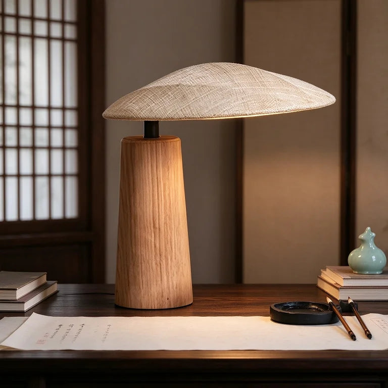 Top-down view of wabi-sabi wood lamp shade with warm light diffusion