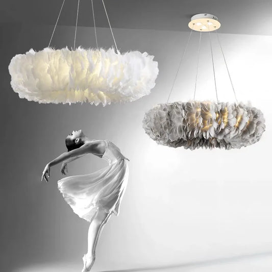 Natural feather chandelier with layered plumes on a metal frame
