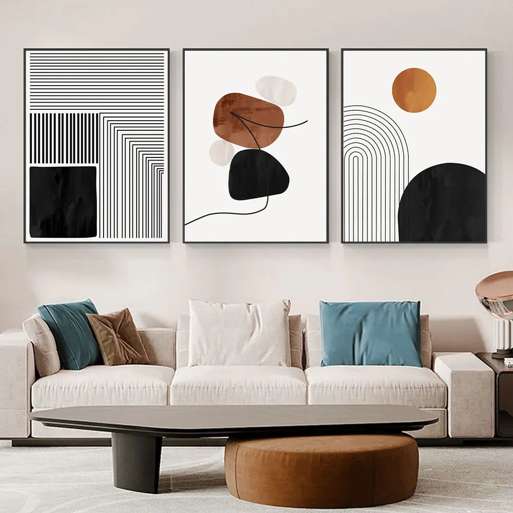 Black White Geometry Line Art 3-Piece Canvas Wall Art Set