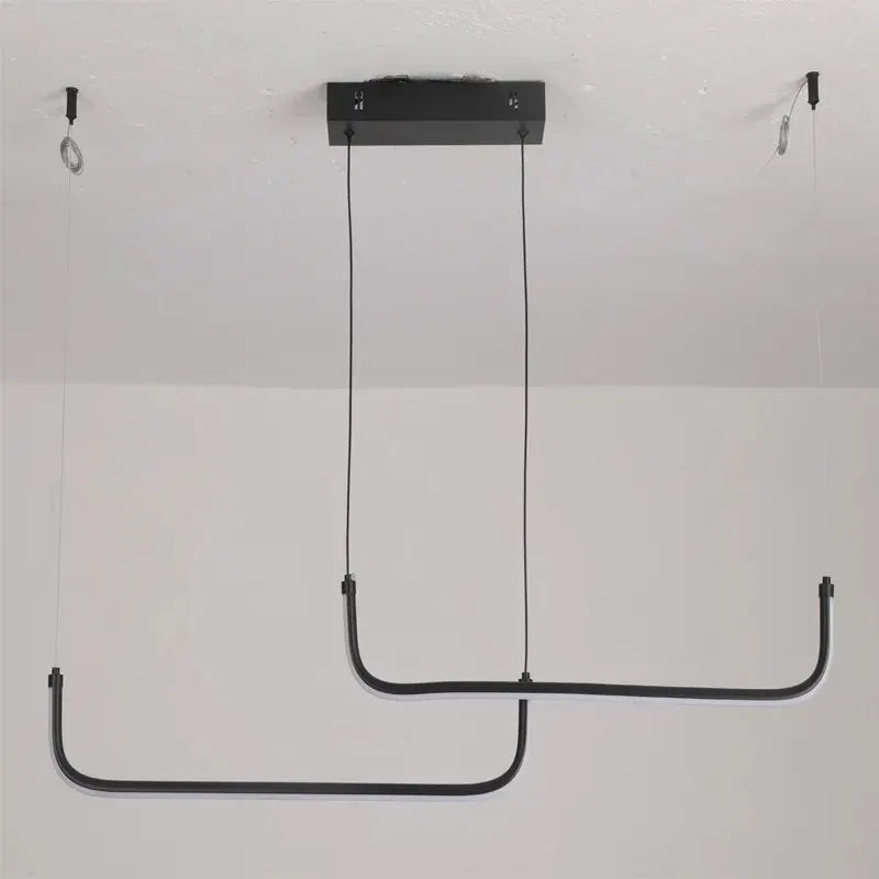 Linear chandelier in aluminium and iron with adjustable cord suspension