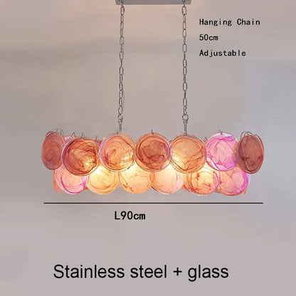 Yellow glass disc chandelier in gold with changeable light colour