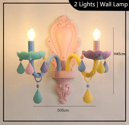 Frosted coloured glass shade detail on the macaron chandelier