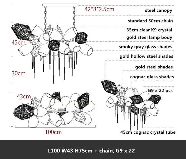 Linear metal glass chandelier, 31.5 inches long, in a grey finish