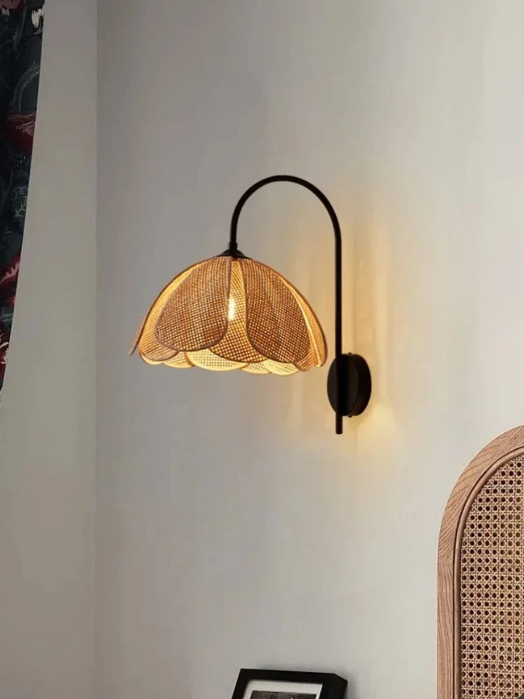 Japanese Woven Rattan Petal Wall Sconce