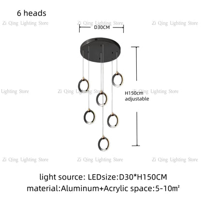 Ring staircase chandelier with 23.6 in rings in a black aluminum finish