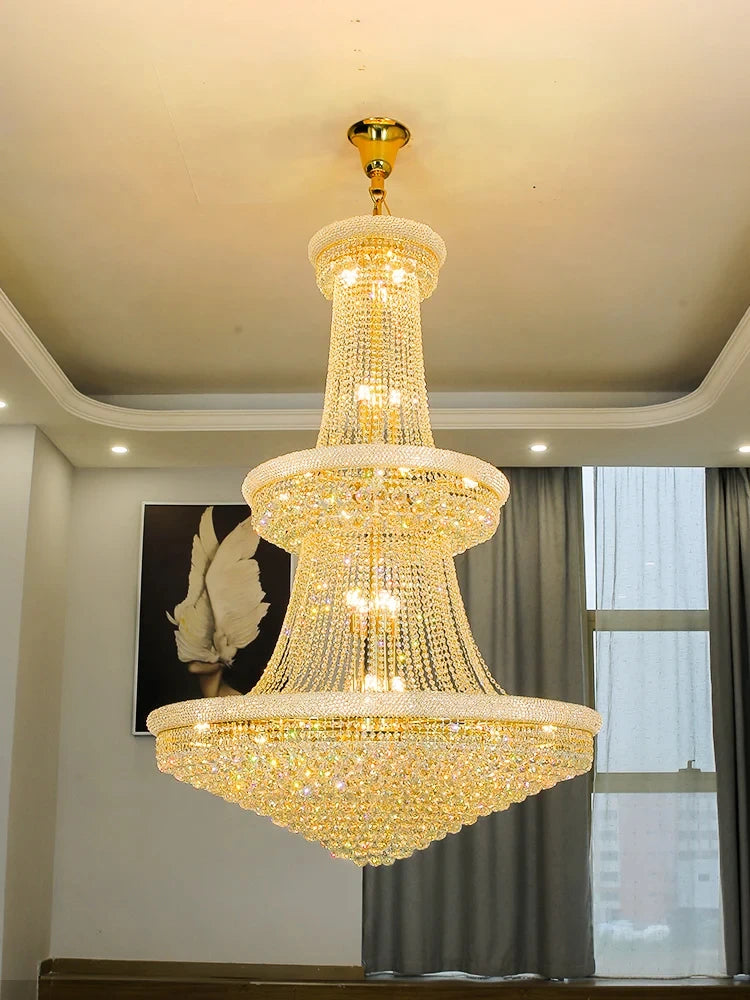 Tiered crystal lobby chandelier with layered crystal on steel