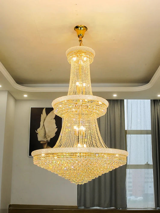 Tiered crystal lobby chandelier with layered crystal on steel