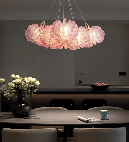 Acrylic floral chandelier with engraved petals on a nickel finished frame