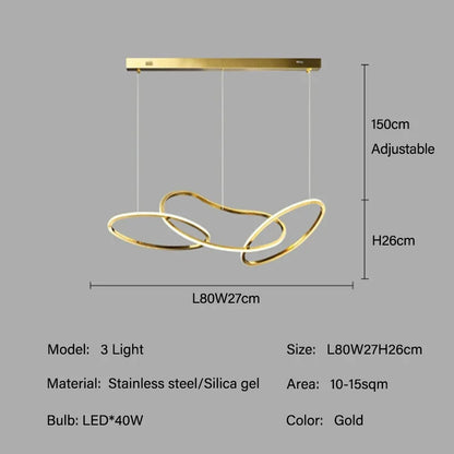 Gold circle chandelier set to warm light over a dining surface