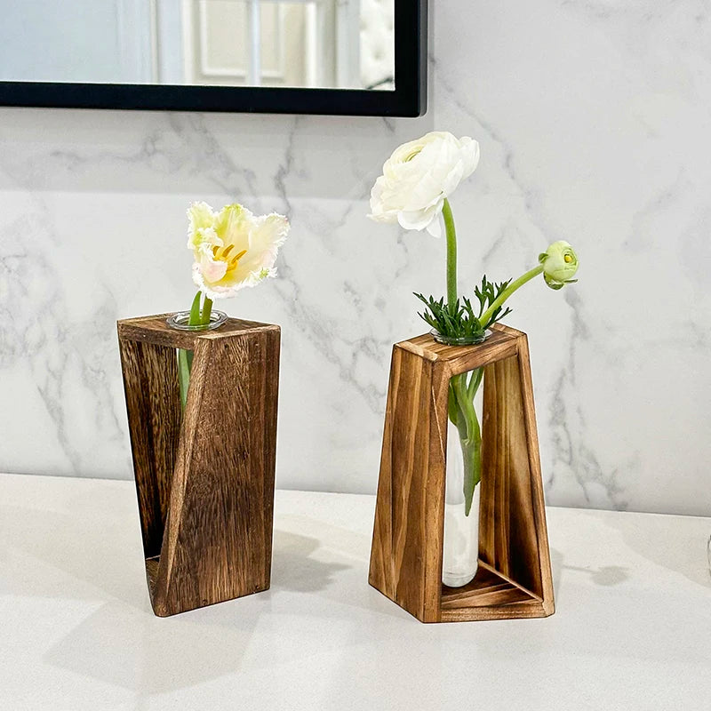 Retro wooden frame hydroponic plant vase on contemporary home office desk