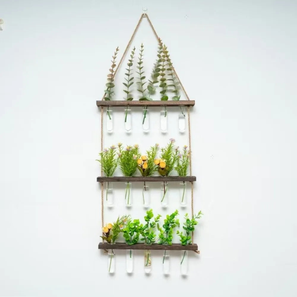 Style B-3 large multi-tube glass wall vase display with assorted botanical cuttings