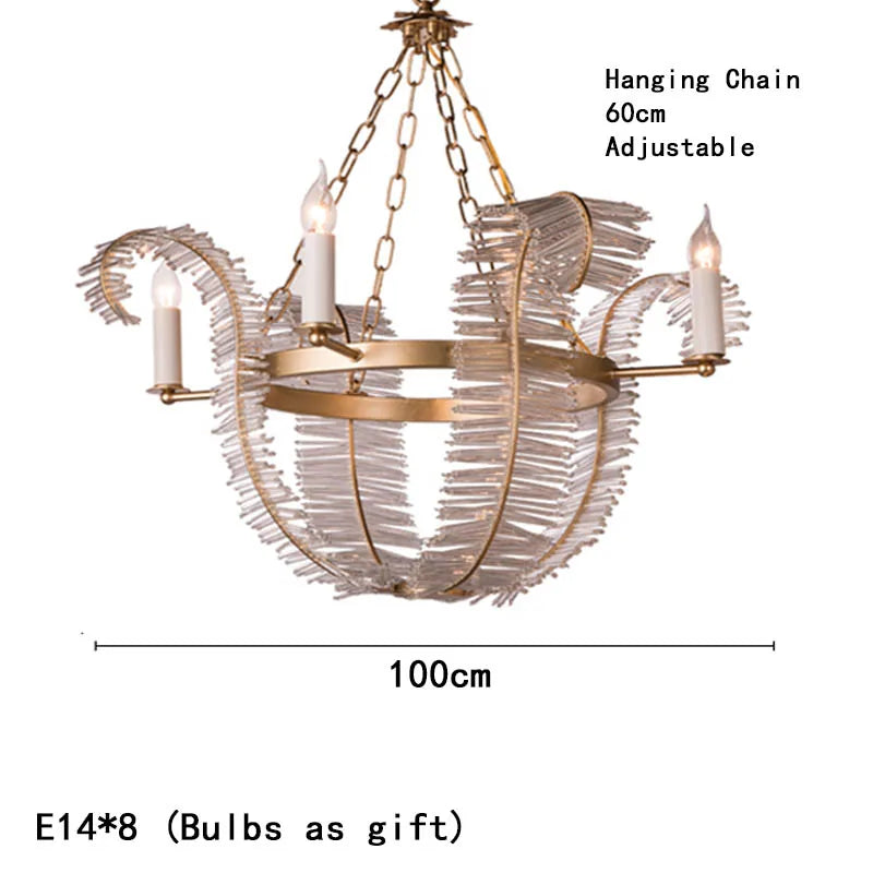 Stainless steel chandelier frame carrying clear crystal feathers