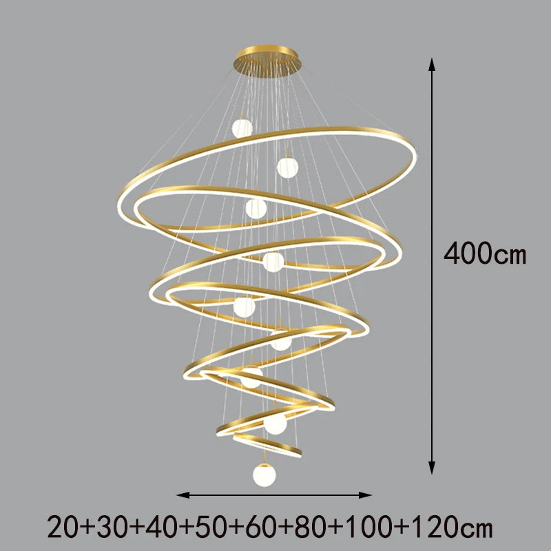 Seven ring chandelier in black with a 137.8 inch drop for a stairwell