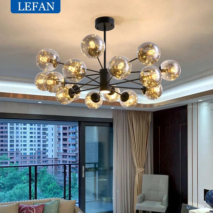 Eight head glass ball chandelier with a gold forged iron structure