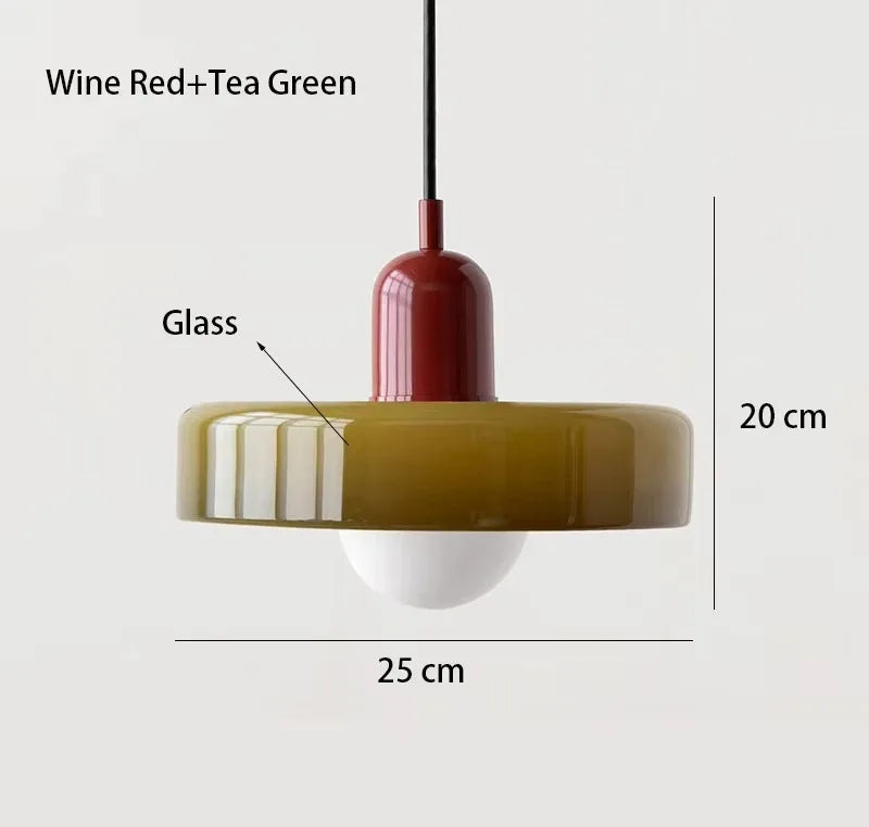 Retro glass chandelier shade glowing gently in warm white light