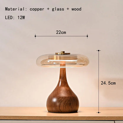 Copper glass wood lamp switched off showing natural material beauty