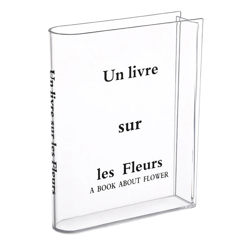 Two clear acrylic book vases in styles A and B displayed side by side for comparison
